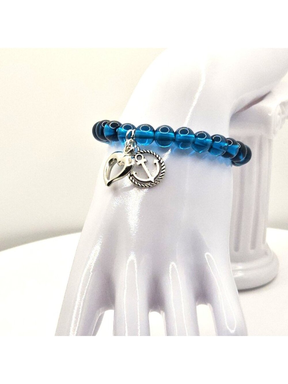 Blue Heart Anchor Charm Bracelet, Nautical Beaded Bracelet, Coastal Jewelry